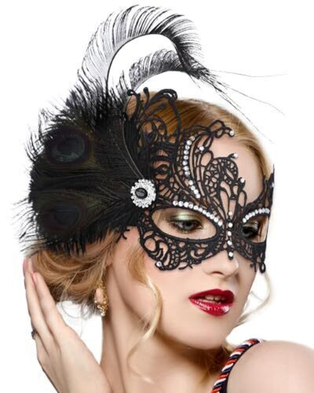 1041 Feather Black Masquerade Mask - Halloween Lace Eyemask with Removable